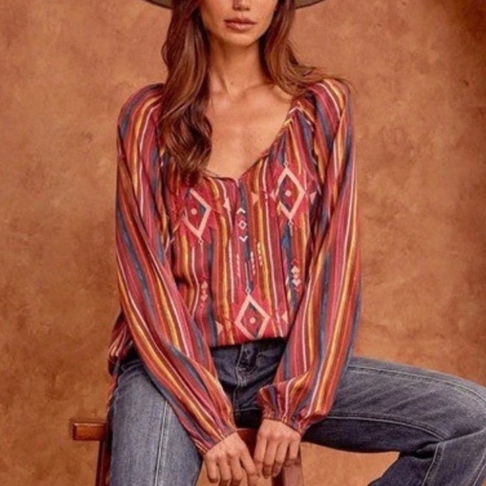 Savanna Jane Bohemian Aztec Print Long Sleeve Embroidered Top Medium Multicolor